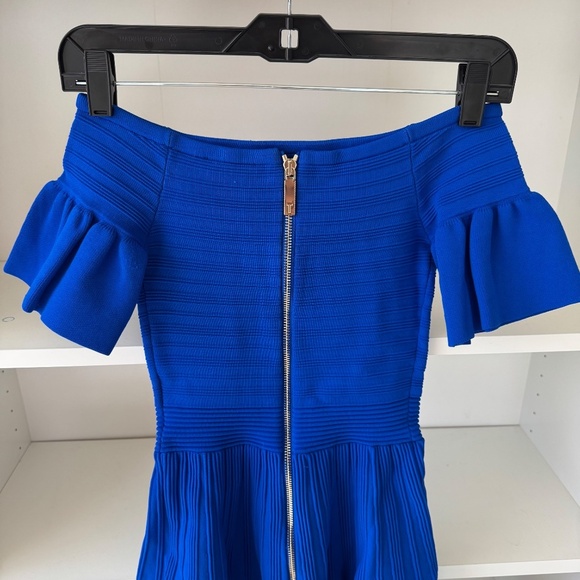 TED BAKER Bardot Frill Knitted Off-the-Shoulder Skater Dress Criptum Blue - Picture 7 of 9